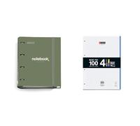 Miquelrius - Lote de Carpebloc A4 Emotions, Carpeta 4 Anillas Con Recambio 100 Hojas Cuadriculadas de 90 g/m², Verde Kaki + Bloc 100 Hojas Cuadriculadas de 70 g/m², 4 Colores