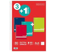 Miquelrius - Pack Cuadernos Ahorro 3+1, Cuaderno Folio con Espiral, Cubierta de Cartón Forrado, Tamaño 215 x 309 mm, 80 Hojas de 90 g/m², Cuadrícula de 4 mm con Margen, Colores Intensos