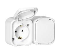 Miratic Enchufe Doble Pared 2x2P+T Schuko Enchufe Superficie IP54 Resistente a Salpicaduras con Tapa - Ideal para Garajes Talleres Sótanos o Exteriores (Blanco)