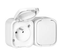 Miratic Enchufe Doble Pared - Enchufe Superficie IP54 Resistente a Salpicaduras con Tapa - Ideal para Garajes Talleres Sótanos o Exteriores (Tipo E - Francés) (Blanco)