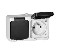 Miratic Enchufe Pared IP54 - Enchufe Superficie Blanco y Negro - Enchufe Francés Tipo E 2P+T Alta Resistencia y Seguridad (Enchufe Doble)
