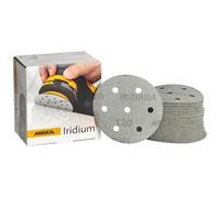 Mirka papel de lija Iridium Ø 90 mm cierre adhesivo 7 agujeros grano 120 | Papel de lija premium para madera acero plásticos y materiales minerales compatible con lijadoras eléctricas y pulidoras