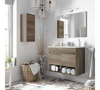 Miroytengo Conjunto mobiliario Aseo con Mueble suspendido 2 Puertas y Hueco, Espejo, lavamanos de pmma y Columna Colgante de diseño Actual y Moderno Dark wood -