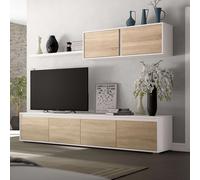 Miroytengo Conjunto para Salón con mueble TV, módulo superior y estante en color Roble Canadian y Blanco Mate 200cm Blanco/ Madera -