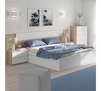 Habitación matrimonio completa color roble y blanco estilo nórdico (cama + cabecero + 2 mesitas + cómoda)