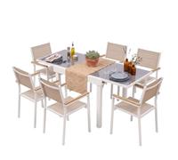 Miroytengo Juego de Muebles Jardín, Mesa Extensible y 6 Sillas Apilables Aluminio Blanco y Beige 90-180x90 cm