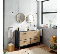 Miroytengo Mueble de Baño Doble Sena Estilo Industrial en Color Roble Gold y Negro con 2 Cajones, 1 Puerta y Patas 120x92x50 cm (Lavabo Opcional) Black/wood - ceramic sink Ceramic washbasin