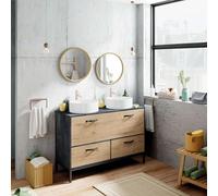 Miroytengo Mueble de Baño Doble Sena Estilo Industrial en Color Roble Gold y Negro con 2 Cajones, 1 Puerta y Patas 120x92x50 cm (Lavabo Cerámico)