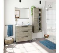 Miroytengo Pack Baño Completo Roble Alaska Mueble Baño, Columna de baño, Espejo y Lavabo Cerámico Incluido Light wood - black
