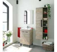 Miroytengo Pack De Baño Aseo Color Roble Alaska Con Mueble, Espejo, Lavabo Y Columna Industrial Lavabo Incluido Light wood - black
