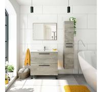 Miroytengo Pack de Baño Athena Estilo Natural en Color Roble Alaska con Mueble de Baño, Lavabo, Espejo y Columna de Baño Light Wood-Black