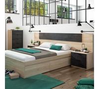 Miroytengo Pack de Dormitorio Andy Estilo Industrial en Color Roble Canadian y Óxido Cama + Cabecero con Mesitas + Cómoda (Armario Opcional) Light wood - black - without cabinet Sin wardrobe