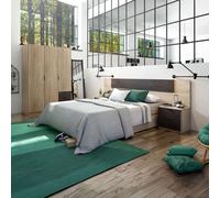 Miroytengo Pack de Dormitorio Andy Estilo Industrial en Color Roble Canadian y Óxido Cama + Cabecero con Mesitas + Cómoda (Armario Opcional) Light wood - black - with wardrobe With closet