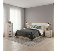 Pack de dormitorio con cabecero + 2 mesitas de noche y sinfonier roble cambrian y blanco mate 185 cm