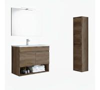 Miroytengo Pack de Muebles de Baño en Color Roble Nordik formado por Mueble de Baño, Espejo y Lavabo Cerámico (Tamaño de la Columna Opcional)