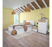 Miroytengo Pack de Muebles de Dormitorio Etnha Estilo Moderno en Blanco Artik y Natur con Cabecero, 2 Mesitas de Noche, Cama con Cajones y Cómoda White - light wood - 150x190 cm 512.9