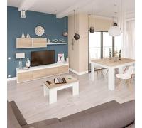 Miroytengo Pack de Muebles de Salón Estilo Nórdico en Color Blanco y Roble Claro con Modulo de TV, Mesa de Centro y Mesa de Comedor
