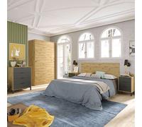Miroytengo Pack Dormitorio Cabecero 135/150 cm con 2 Mesitas + Cómod Armario Color Roble Nodi y Gris Antracita Grey/wood - 135x190 cm 584.2