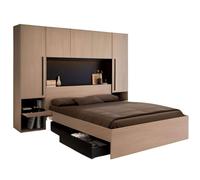 Pack dormitorio completo john cama con cajones y cabecero puente en varios colores (roble brooklyn/blanco shiny o roble brooklyn/negro stipple) en varias medidas