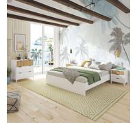 Miroytengo Pack Dormitorio Muebles Daylight Mesitas de Noche, Cómoda y Cama Queen Size Blanco Artik y Natur White/ wood - 160x190 cm