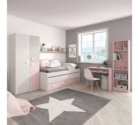 Miroytengo Pack Habitación Juvenil Completa con Cama nido con Somieres (90×190/90×180) + Armario 3 puertas +Escritorio + Estantería, Color Rosa, Blanco y Gris White - pink - gray - 90x190 cm
