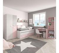 Miroytengo Pack Habitación Juvenil Completa con Cama Nido con Somieres (90×190/90×180) + Armario 3 Puertas +Escritorio + Estantería, Color Rosa, Blanco y Gris