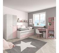 Miroytengo Pack Habitación Juvenil Completa con Cama nido con Somieres (90×190/90×180) + Armario 3 puertas +Escritorio + Estantería, Color Rosa, Blanco y Gris White - pink - gray - 90x190 cm