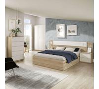 Miroytengo Pack Habitación Matrimonio Alba Ii 150x190 (cam cabezal + 2 Mesitas + armario + sinfonier) Incluye Somier Light wood - white - 150x190 cm