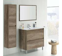 Miroytengo Pack Mueble De Baño Con Espejo Y Lavamanos Incluido Ceramico, Incluye Columna De Baño O Aseo Color Nordik Wood
