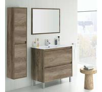 Miroytengo Pack Mueble De Baño Con Espejo Y Lavamanos Incluido Ceramico, Incluye Columna De Baño O Aseo Color Nordik