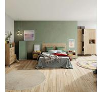 Miroytengo Pack Muebles Dormitorio Camila Armario, Cómoda, Mesita y Cabecero Estilo Industrial Color Roble Gold y Negro Black/ wood - 135x190 cm 763.6