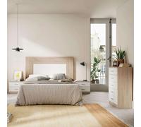 Miroytengo Pack Muebles Dormitorio con cabecero, cómoda y mesita Noche 2 cajones en Blanco Mate y Sahara