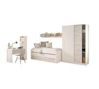 Miroytengo Pack Muebles Dormitorio Juvenil Completo en Color Blanco y Roble Claro Cama + Armario + Escritorio con Estantería. Incluye Somieres
