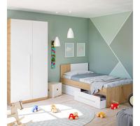 Pack muebles juvenil cama y armario en blanco mate y roble nodi diseño moderno