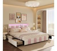 MISNODE Cama de matrimonio con cajones de 160 x 200 cm, cama acolchada con 4 cajones y somier de láminas, estructura de cama de terciopelo con LED y puerto USB para adultos, adolescentes, blanco rosa