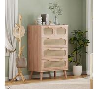 MISNODE Cómoda de Ratán con 5 Cajones, Cajonera de Madera con Deslizadores Metálicos, 60 x 34 x 91 cm, Armario Sinfonier para Dormitorio, Sala de Estar, Natural (5 Cajones+Natural)