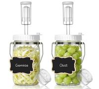 Mittimiya 2 vasos de fermentación de 1 l con asa de transporte, vasos de fermentación con pesos de fermentación, válvula de fermentación y etiquetas, para chucrut, kimchi, kombucha, pepinos y más