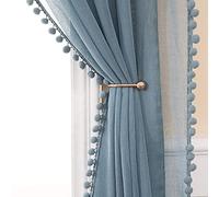 MIULEE Cortinas Salon Visillos con Pompones para Ventana Habitacion Cortina Translucida Poliéster de Ollaos Decoracion para Dormitorio Visillo Moderno Comedor Cocina 2 Hojas 140x145cm Azul Oscuro
