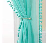 MIULEE Cortinas Salon Visillos con Pompones para Ventana Habitacion Cortina Translucida Poliéster de Ollaos Decoracion para Dormitorio Visillo Moderno Comedor Cocina 2 Hojas 140x175cm Turquesa