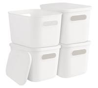 MIVIDE, 4 cestas de almacenamiento de plástico con tapa, 26 x 18 x 16 cm, cajas de almacenamiento apilables con asa, color blanco, cestas de almacenamiento con tapa y asa, ideales para la cocina, el b