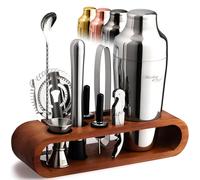 Mixology Bartender Kit: 10-Piece Bar Tool Set with Mahogany Stand | Perfect Home Bartending Kit and Martini Cocktail Shaker Set For a Perfect Drink Mixing Experience | Fun Housewarming Gift (Silver)