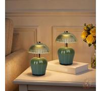 MJ PREMIER Lámpara de mesa inalámbrica con forma de seta, color verde, juego de 2 unidades, LED, batería recargable por USB, lámpara de mesa, lámpara de noche, temporizador, luz de emergencia