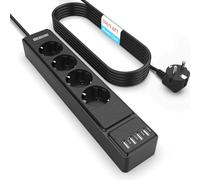 MKSENSE Regleta de 4 enchufes con cable de 3 m, protección contra sobretensiones con 4 enchufes (2500 W/10 A) y 4 puertos USB para smartphone, hogar, oficina, color negro