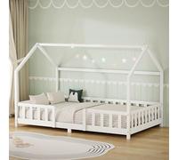 ML-Design Cama Infantil 120x200 cm en Forma de Casa, Madera Maciza de Pino Blanca con Protección Anticaída, Techo y Somier de Láminas, Cuna de Suelo para Niños y Niñas, Juvenil Individual Montessori