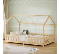 ML-Design Cama Infantil 120x200 cm en Forma de Casa, Madera Maciza de Pino Natural con Protección Anticaída, Techo y Somier de Láminas, Cuna de Suelo para Niños y Niñas, Juvenil Individual Montessori