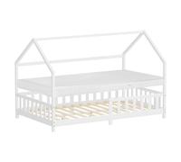 ML-Design Cama Infantil 120x200cm Blanco, con Colchón, Protección Anticaída, Techo y Somier, Listones de Madera de Maciza de Pino Lecho Doble Montessori Forma de Casa Mobiliario Juvenil, para Niños