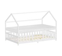 ML-Design Cama Infantil 120x200cm Blanco, con Colchón, Protección Anticaída, Techo y Somier, Listones de Madera de Maciza de Pino Lecho Doble Montessori Forma de Casa Mobiliario Juvenil, para Niños
