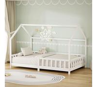 ML-Design Cama Infantil 120x200cm Blanco, con Protección Anticaída, Techo y Somier, Estructura Listones de Madera de Maciza de Pino, Lecho Montessori Forma de Casa Mobiliario Juvenil, Cuna para Niños