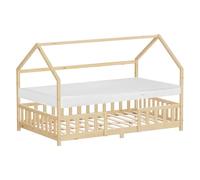 ML-Design Cama Infantil 120x200cm Natural, con Colchón, Protección Anticaída, Techo y Somier, Listones de Madera de Maciza de Pino Lecho Doble Montessori Forma de Casa Mobiliario Juvenil, para Niños