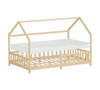 ML-Design Cama Infantil 120x200cm Natural, con Colchón, Protección Anticaída, Techo y Somier, Listones de Madera de Maciza de Pino Lecho Doble Montessori Forma de Casa Mobiliario Juvenil, para Niños
